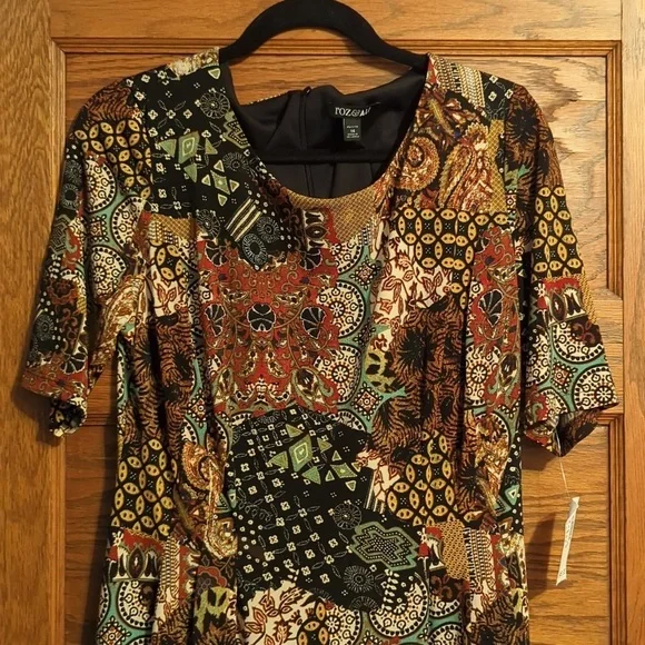 NWT Roz & Ali 3/4 Sleeve Fit & Flare Patchwork Dress - Picture 4 of 10